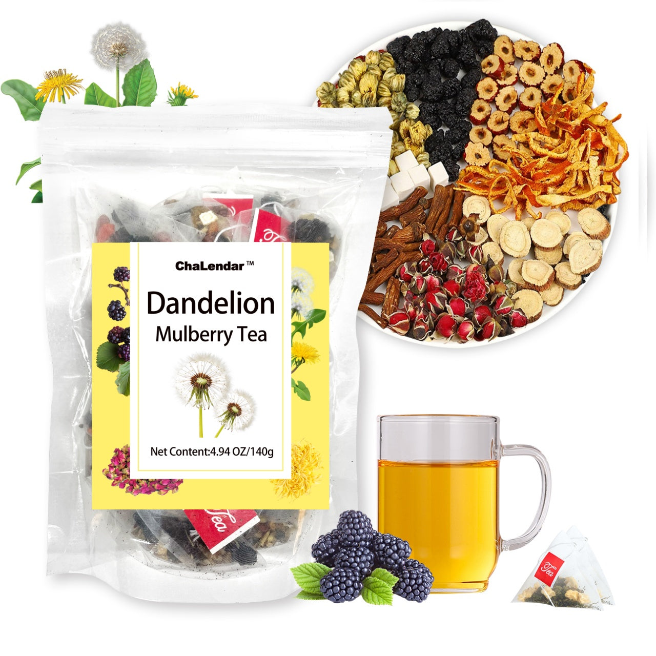 Organic Dandelion Mulberry Herbal Tea Chrysanthemum Poria & More Blend of 8 Ingredients
