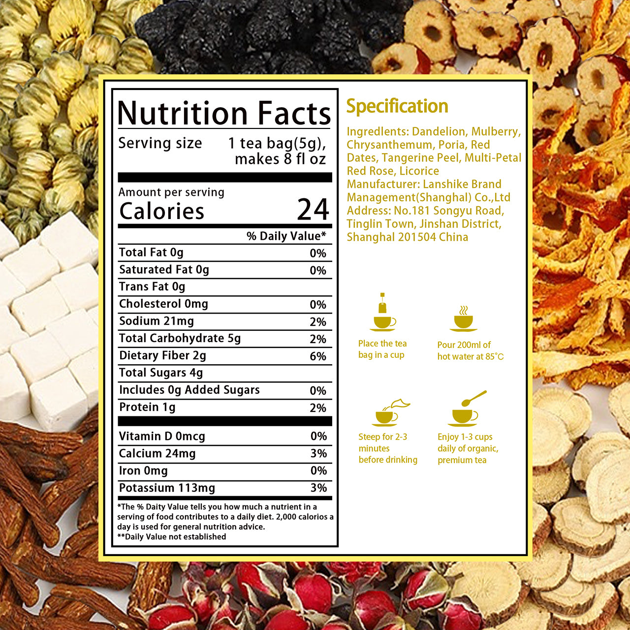 Organic Dandelion Mulberry Herbal Tea Chrysanthemum Poria & More Blend of 8 Ingredients