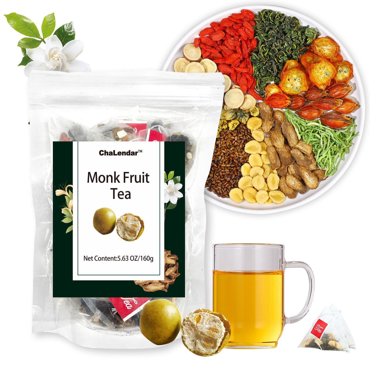 Organic Monk Fruit Herbal Tea Honeysuckle Kumquat & More Blend of 10 Ingredients