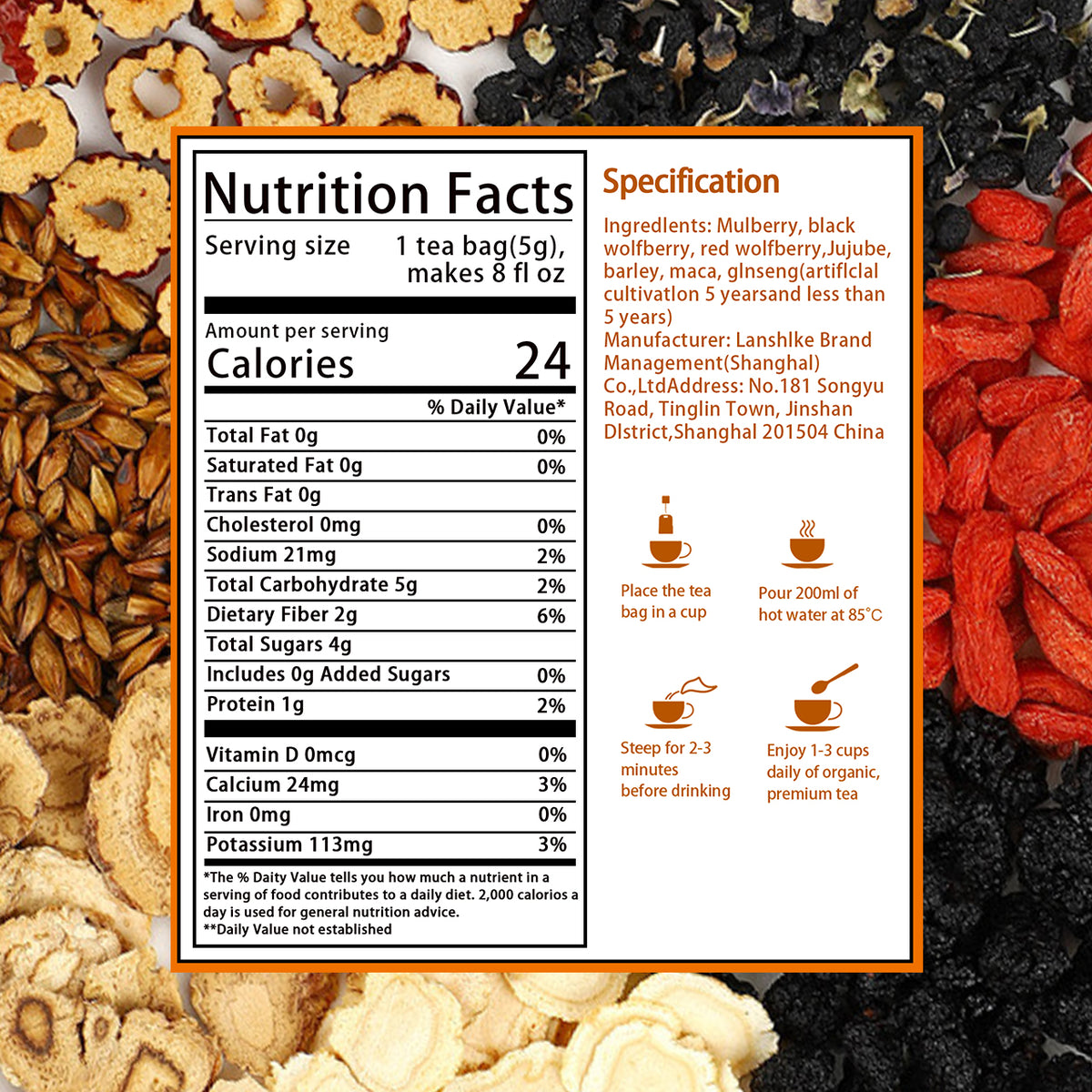 Nutrition facts for ChaLendar ginseng herbal tea