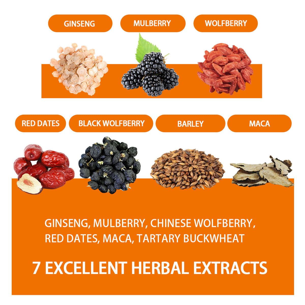 Seven ingredients in ginseng herbal tea including ginseng, mulberry, wolfberry and maca