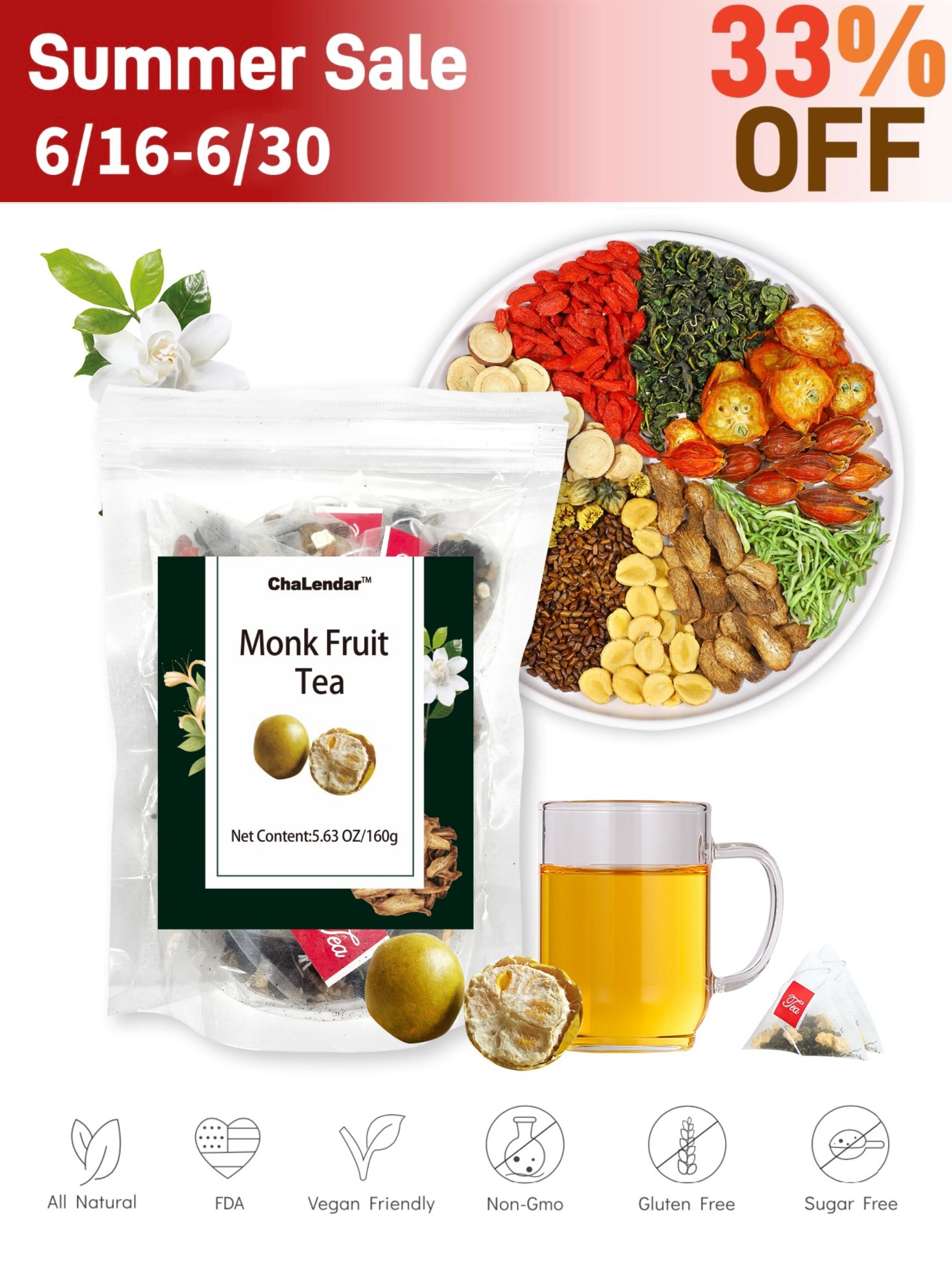 Organic Monk Fruit Herbal Tea Honeysuckle Kumquat & More Blend of 10 Ingredients