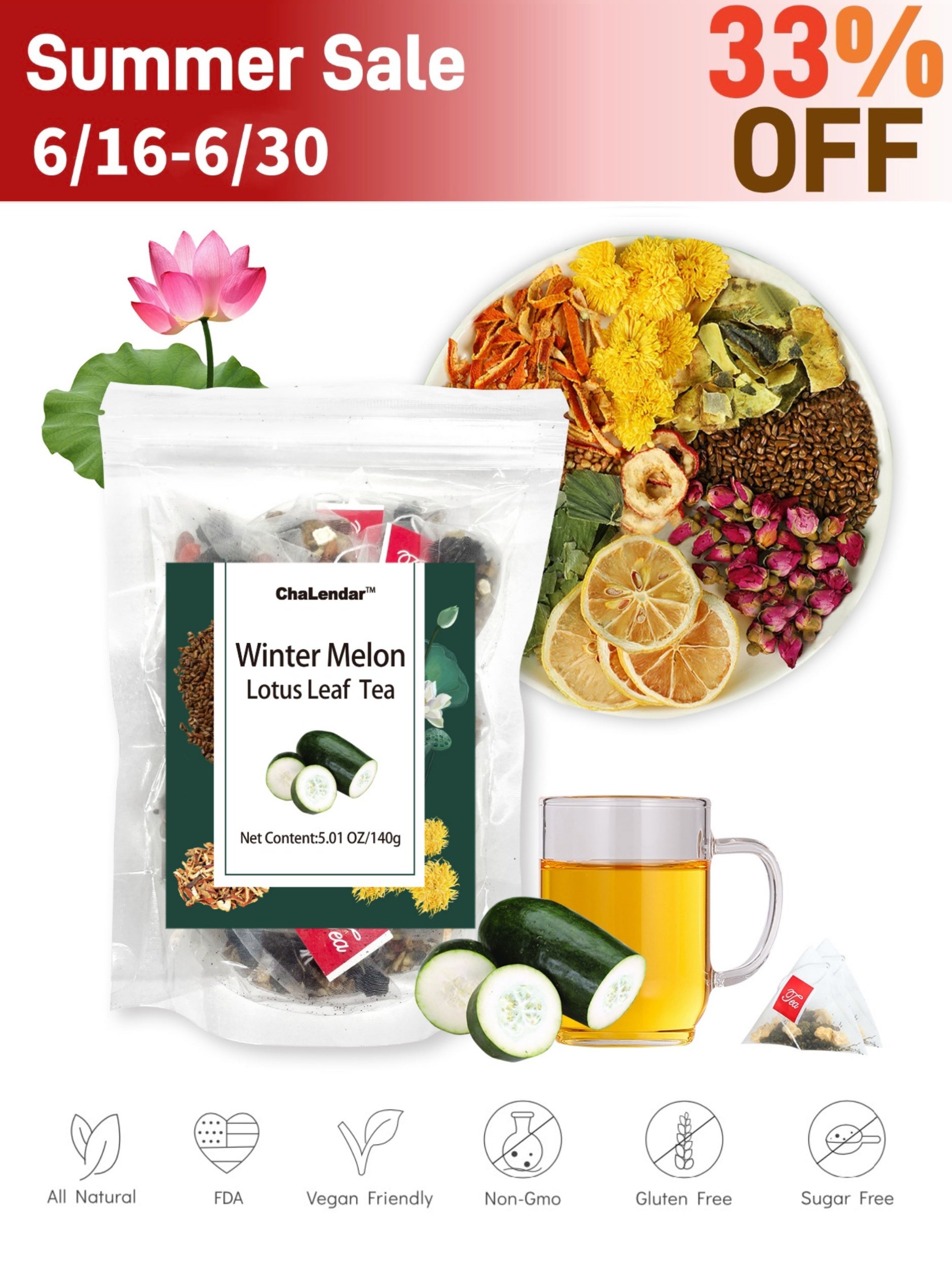 Organic Winter Melon Lotus Leaf Herbal Tea Chrysanthemum & More Blend of 9 Ingredients